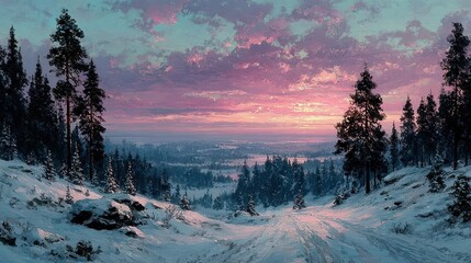 A quiet winter landscape with snow-covered pines under a softly glowing pastel twilight sky