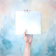 hand holding paper ,illustration watercolor background