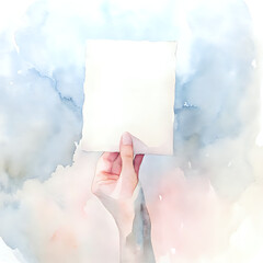 hand holding paper ,illustration watercolor background