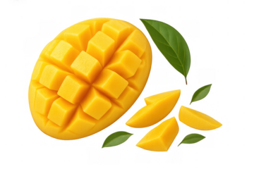 Ripe mango fruit half cut into cubes with separate pieces and green leaves floating. Fresh healthy sweet tropical food concept