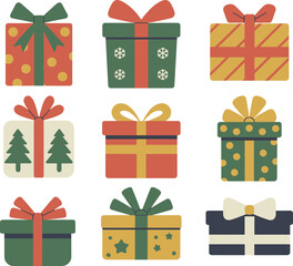 Colorful Christmas gift boxes with bows and ribbons, festive holiday presents, flat vector illustration for celebration, winter, and new year design