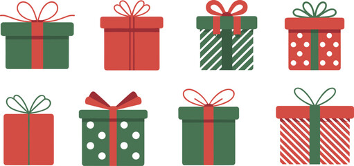 Red and green Christmas gift boxes with ribbons and bows, festive holiday presents, flat vector illustration for winter celebration design