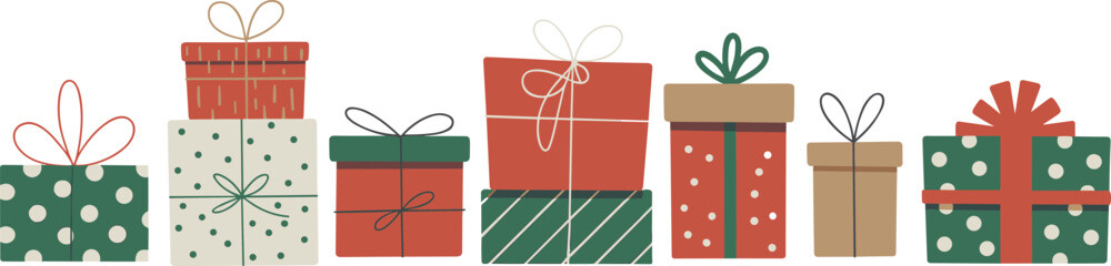 Christmas gift boxes collection with ribbons and bows, festive holiday present packaging illustration, winter celebration decoration design, cad drawing flat vector illustration