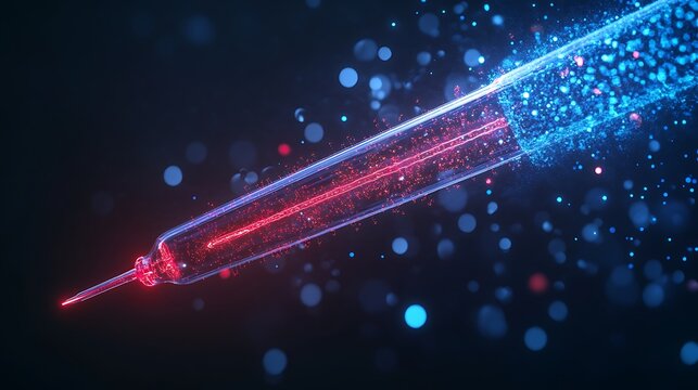 Digital syringe with glowing red particles and futuristic medical design
