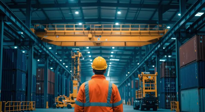 Warehouse worker observing a large industrial building with stacked shipping containers and overhead crane equipment