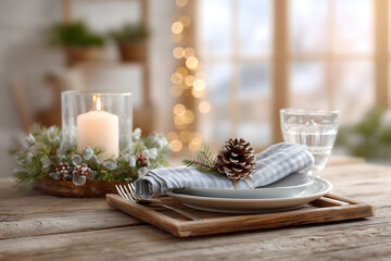 Rustic Christmas Table Setting with Candle and Pinecone
