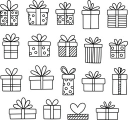 Hand drawn gift boxes, black and white sketch, present illustration, ribbon design, holiday packaging, birthday wrap, festive decoration, line art