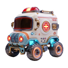 Fototapeta premium Stylized 3D monster truck ambulance vehicle with glowing lights and large rugged wheels