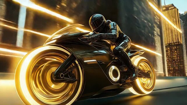 Rider driving futuristic motorcycle on glowing digital race track