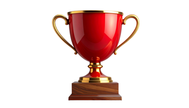Classic Red Award Cup with Golden Trim and Wooden Base PNG