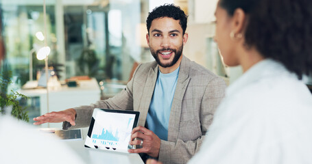 Meeting, business man and tablet screen with graphs for financial stats, kpi or stock market. Team, happy people and tech with chart for data analysis, risk management or trading discussion in office