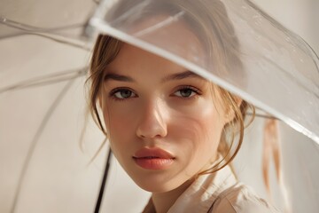 Portrait of a fair-skinned woman behind a clear umbrella staring at the camera