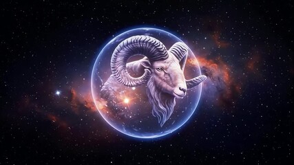 A glowing ram with spiraled horns floats inside radiant sphere filled with cosmic energy, symbolizing Aries passion, leadership, and fiery determination. The cosmic atmosphere of the zodiac sign Aries