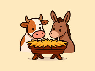 Fototapeta premium The Cow and the Donkey Peeking at the Trough.