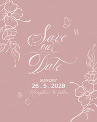 Simple and minimalist save the date wedding invitation card with pink background