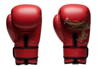 Red boxing gloves, one pristine, one torn with foam and frayed lining, extreme macro on transparent studio background with shadow. Concept of strength and wear in sport