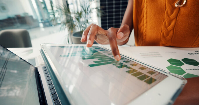 Employee, data and hands with tablet screen in office, sustainability or risk management on document. ESG consultant, paperwork and person with tech for environmental benefits and renewable energy