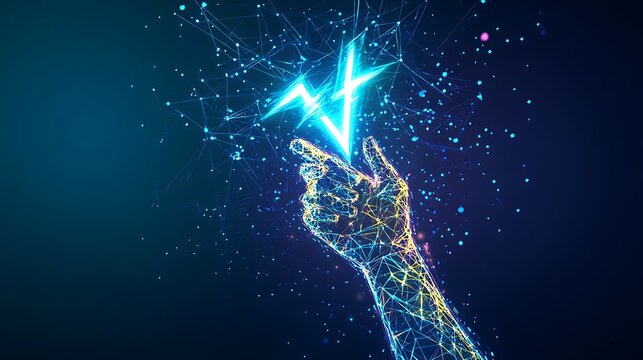 Digital hand reaching for glowing electric bolt with futuristic energy effect

