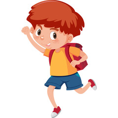 Excited Young Boy With Spiky Red Hair Running With A Red Backpack On A White Background