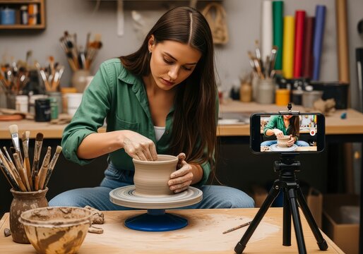 Woman shaping clay on pottery wheel while recording video on phone for online tutorial session