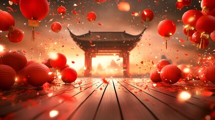 Red paper lanterns create a festive New Year backdrop.