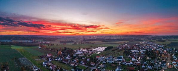 Bavarian panoramic view from top during late evening sunset view to celebrate the Autumn season