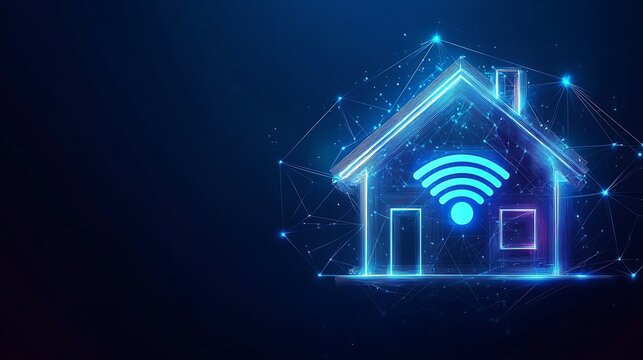 Smart home with glowing wifi symbol and digital network connections on dark background
