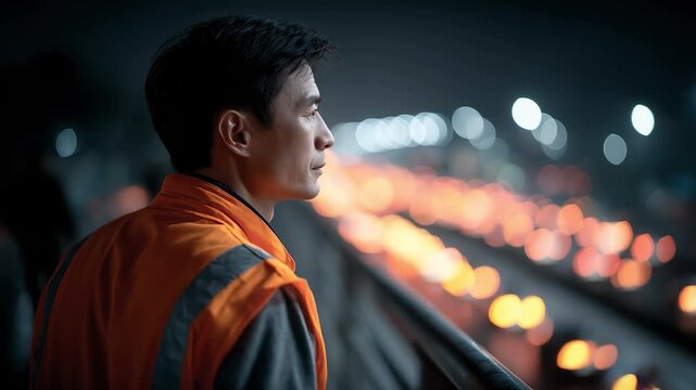 A Guardian Gazes at the City's Prosperity Under the Night Traffic Hub