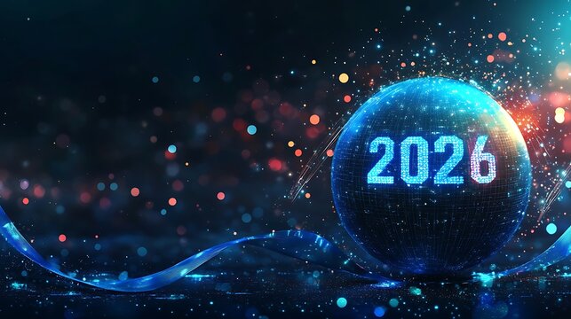 Futuristic digital sphere with 2026 glowing text and vibrant particle effects
 - Powered by Adobe