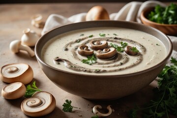 Cremige Pilzsuppe mit Sahne und frischen Pilzen als Dekoration