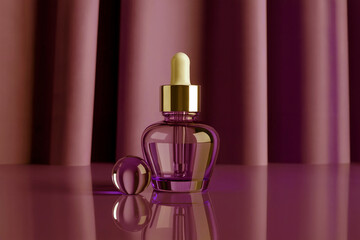 Luxurious Purple Glass Dropper Bottle with Golden Cap on Glossy Surface