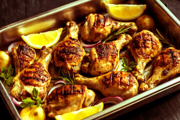 Roasted Chicken Drumsticks with Lemon and Herbs in Baking Tray