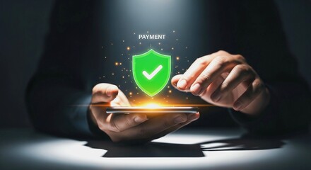 Person holding a smartphone with a digital payment security shield icon, representing online financial transactions.