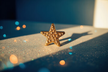 Shiny gold star with bokeh lights and shadow on glittery surface, symbolizing achievement, quality, and celebration in soft light