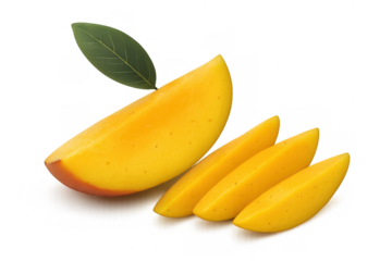 Ripe mango slices cut into wedges with a green leaf, healthy tropical fruit food on transparent background