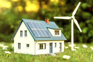 Sustainable Mini House Model with Solar Roof and Wind Turbine in Green Meadow