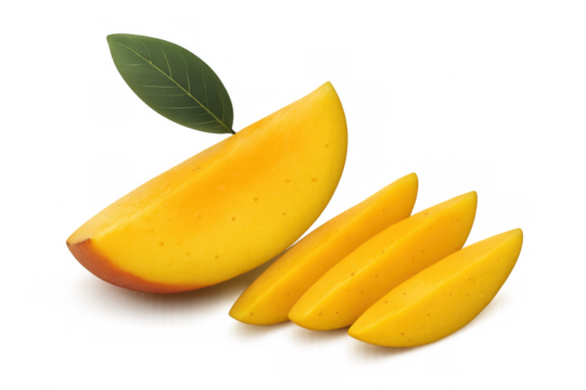 Ripe mango slices cut into wedges with a green leaf, healthy tropical fruit food on transparent background