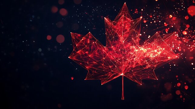 Digital canada maple leaf made of glowing red particles on dark background
