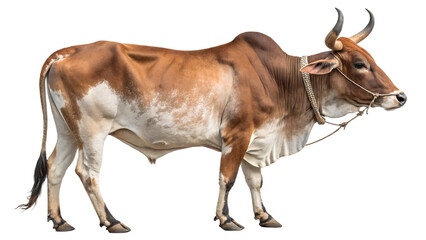 Realistic Brown and White Zebu Cow with Curved Horns and Rope Halter on Transparent Background