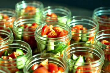 Fresh Cucumber Tomato Salad in Glass Mason Jars