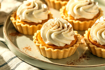 Golden Pumpkin Cream Tartlets on Rustic Ceramic Plate