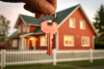 Hand Holding House Key in Front of Red Home Real Estate Ownership Success Concept