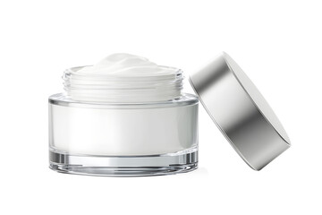 Hygienic white color paint face cream in jar glass clear with lib silver side. isolated on cut out PNG or transparent background. Makeup cosmetics for women. Beauty facial cosmetic product texture.