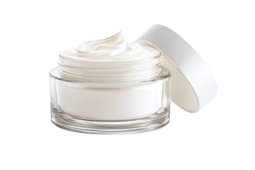 Hygienic white color paint face cream in jar glass clear with lib white side cover isolated on cut out PNG or transparent background. Makeup cosmetics for women. Beauty facial cosmetic product texture