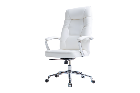 Empty office chair white leather luxurious senior executives for meeting room isolated on cutout PNG or transparent background. Decoration place in living room. Modern interior decoration.
