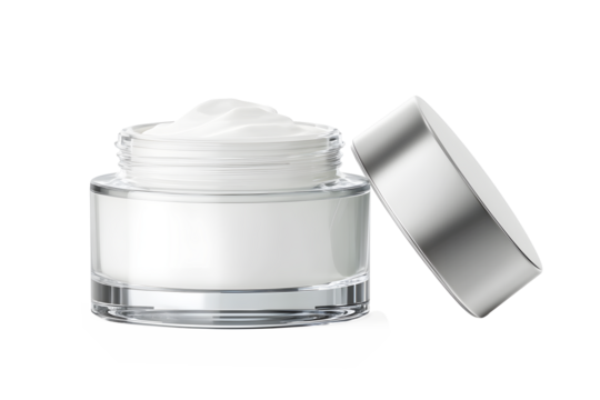Hygienic white color paint face cream in jar glass clear with lib silver side. isolated on cut out PNG or transparent background. Makeup cosmetics for women. Beauty facial cosmetic product texture.