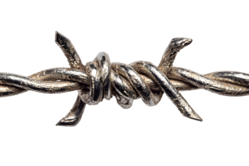 Close up Double twist knot barb wire isolated on cutout PNG transparent background. Steel wire with sharp barbs commonly used to fence off area to prevent intruder. Property protection fences marking