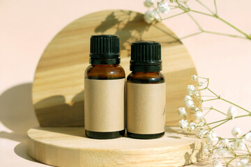 Amber Essential Oil Bottles with Blank Labels Natural Organic Aromatherapy Concept