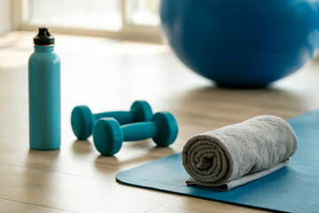 Home Gym Workout Essentials with Yoga Mat Dumbbells and Water Bottle Fitness Concept