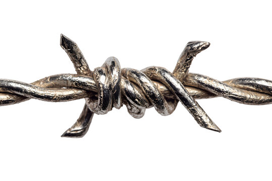 Close up Double twist knot barb wire isolated on cutout PNG transparent background. Steel wire with sharp barbs commonly used to fence off area to prevent intruder. Property protection fences marking - Powered by Adobe